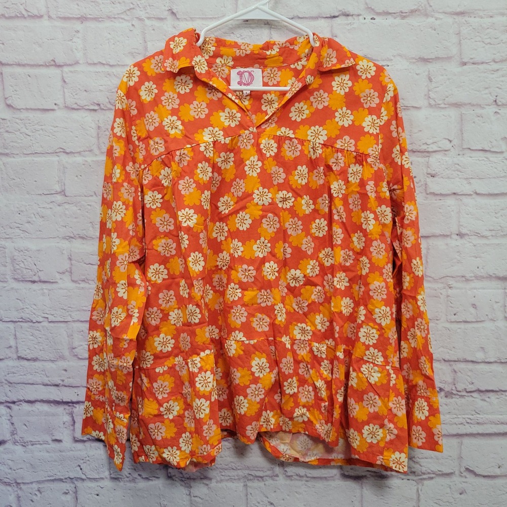 Victoria Dunn Floral Orange Tiered Peasant Blouse L 100% Cotton Retro Boho 70s